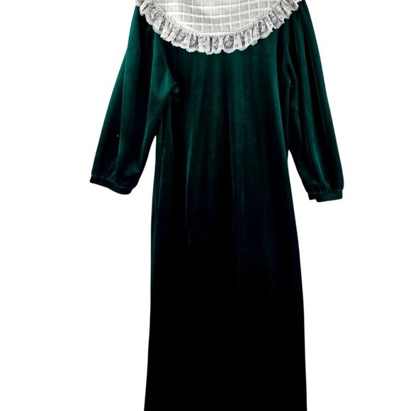 Komar Vtg 90s Housecoat Robe Nightgown M Dark Green Velvet White Collar Lace USA - Picture 6 of 16